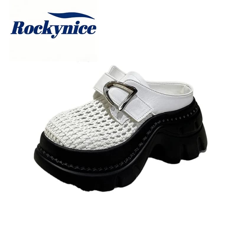 8CM Women's High Platform Slip-On Shoes Thick Bottom Weave Casual Slippers New Spring Summer Leather Sneaker Retro Roman Sandals