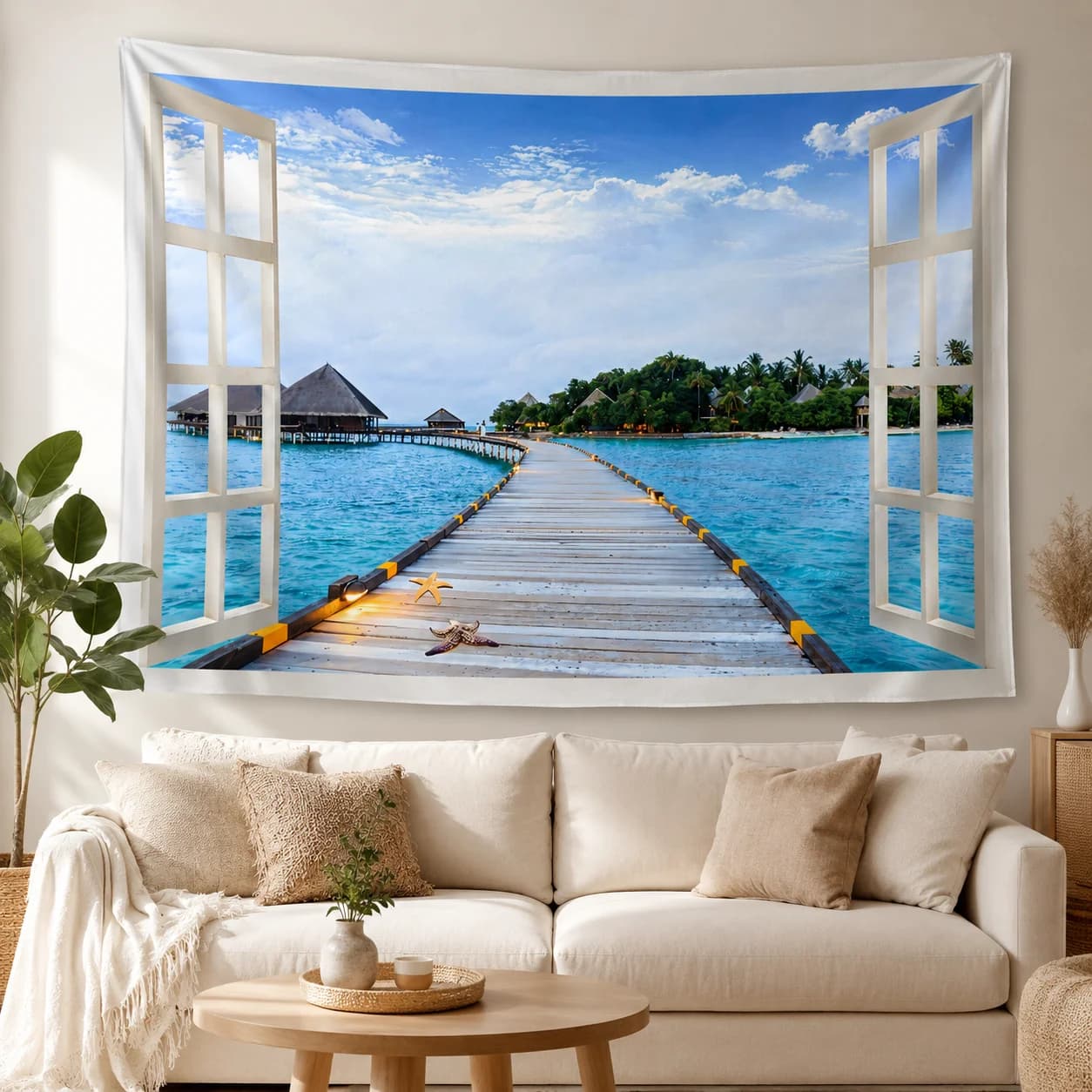 Beach Window Tapestry No Drill Ocean View Wall Hanging Tropical Island Wall Decor for Bedroom Living Room Dorm