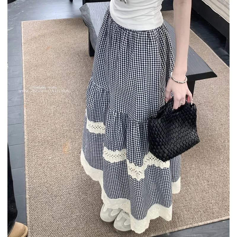 Retro Plaid Mid Length Skirts Fashion 2025 Spring Summer Elastic High Waist Versatile A-line Lace Splicing Fashion Long Skirt