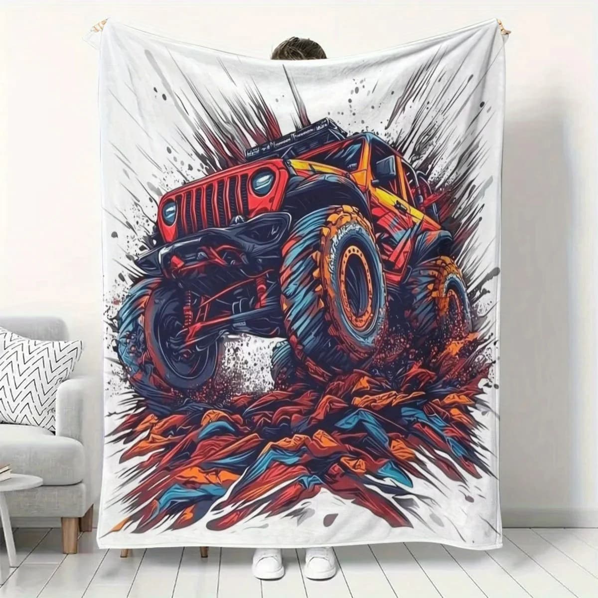 Painted pattern of off-road truck Flannel printed blanket suitable for all seasons suitable for living room office sofa travel