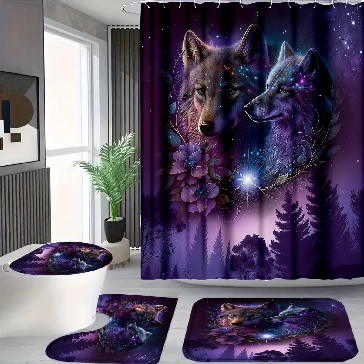 4Pcs Purple Galaxy Wolf Shower Curtain Set with Hooks, Mystic Night Forest Print Waterproof Mildew Resistant Fabric Bath Mat for Family Bathroom Home Decor