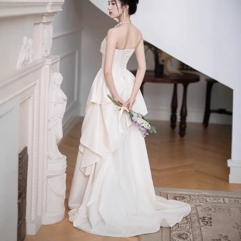 Abito da Sposa Francese Senza Spalline, Vestito da Cerimonia Femminile di Nicchia, Certificato di Registrazione, Elegante, Lungo Abito Bianco
