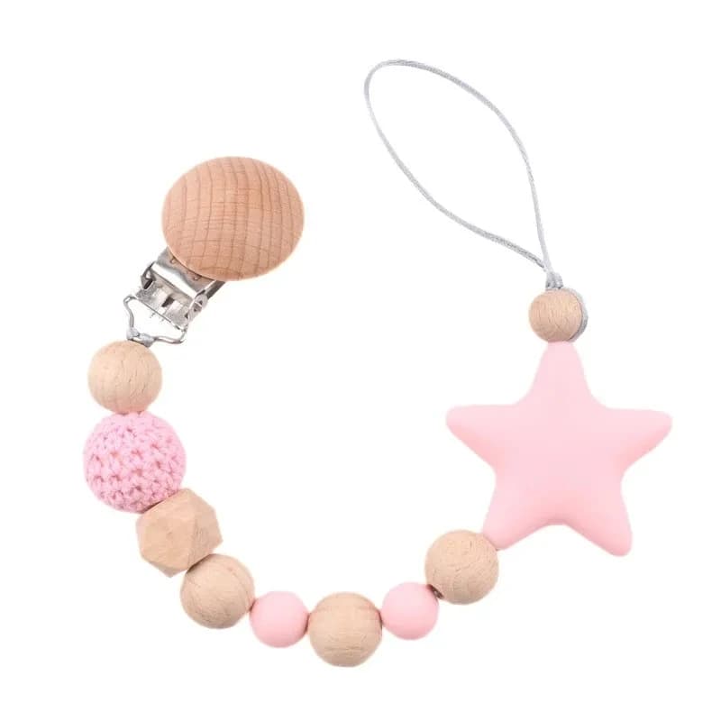 Ciuccio per ciuccio in legno per bambini, catena con clip in silicone, stella a cinque punte, porta nome per ciuccio, regali per la doccia del neonato