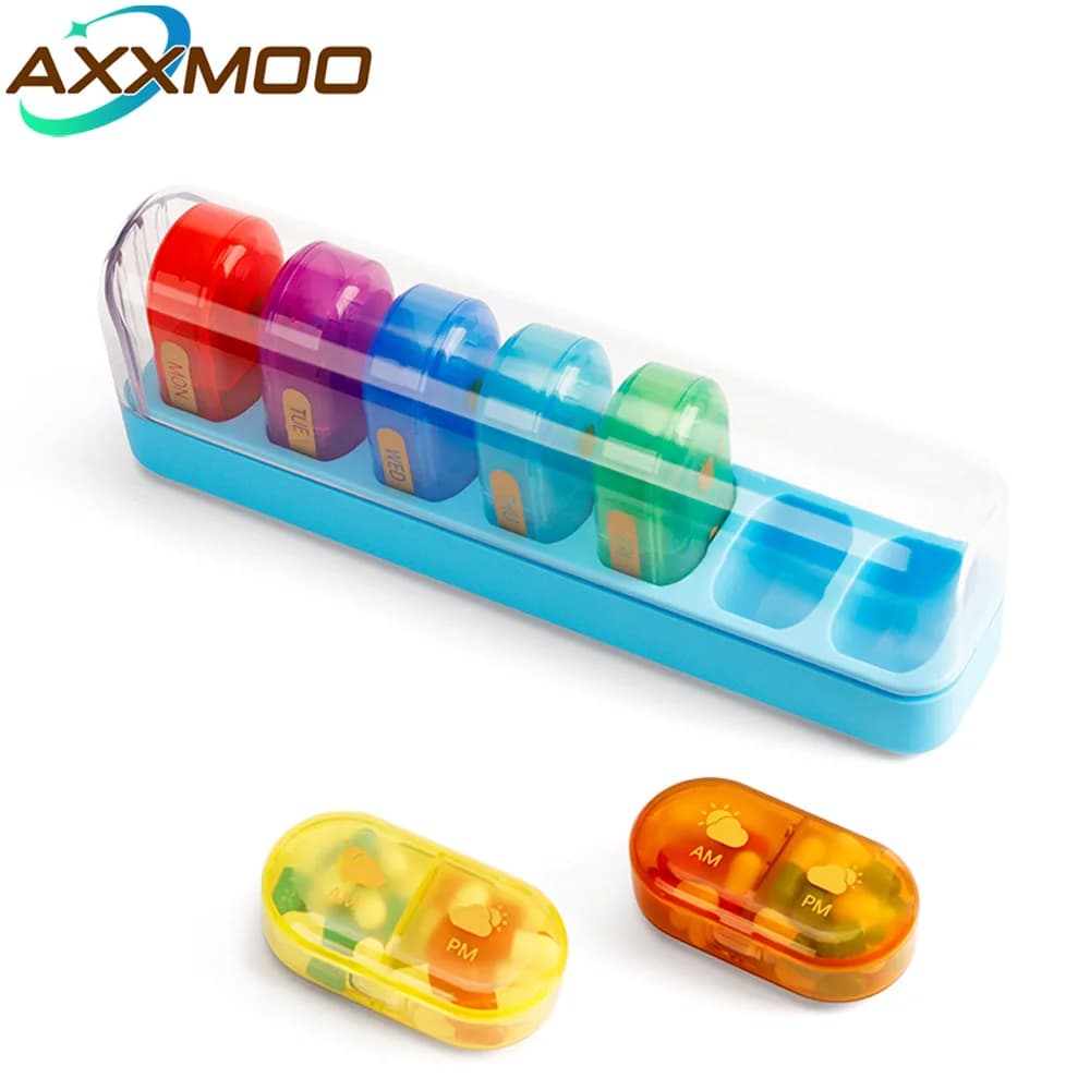 AM PM pills organizer for 7 days, design with wide opening for easy filling, portable travel pills for vitamins and supplements
