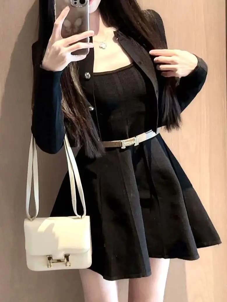 Autumn Winter Knitted Wrap Dress with A-Line Skirt Two-Piece Set Long Sleeve Belted Waist Casual Fashionable
