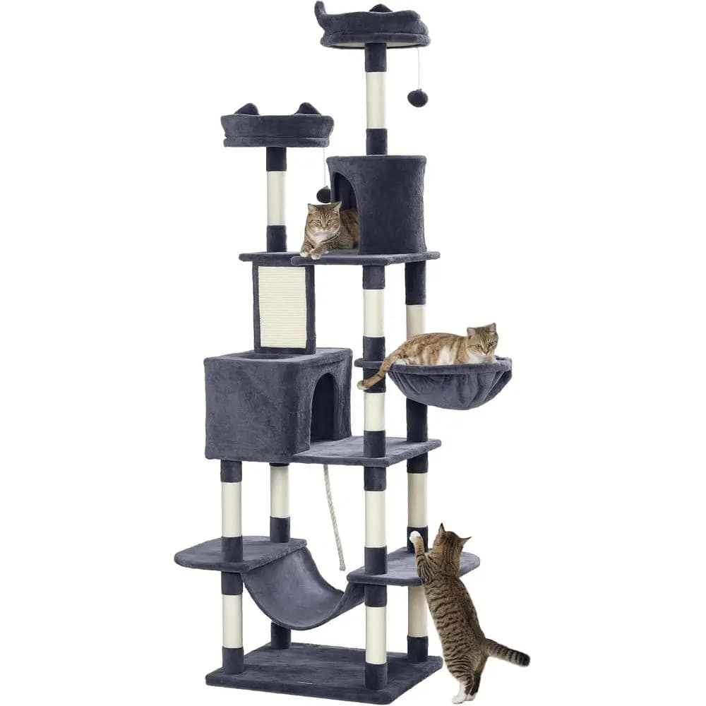 Torre per Gatti da Interno a 81 Livelli per Gatti Adulti: Piattaforme Multi-Livello, Tiragraffi, Letti, Amache, Palline Giocattolo e Giochi con Corda in Grigio