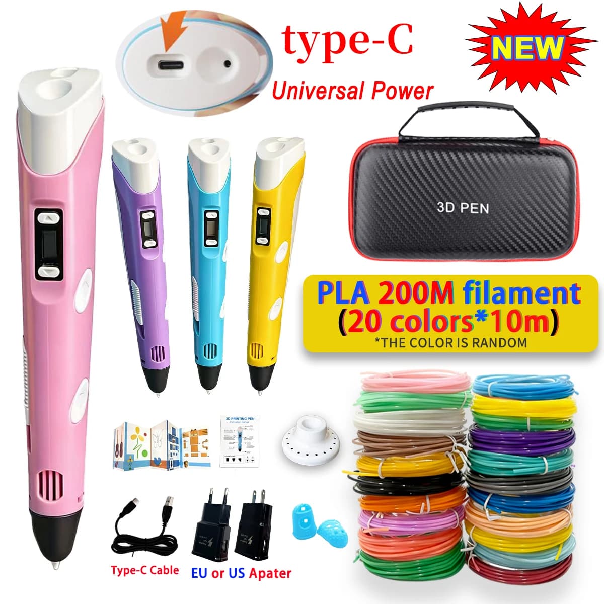 3D Pen Updated 3D Printing Pen DIY Drawing Pens for Kids Birthday Gift for Kids Type C Cable Power Adapter Travel Case with Filament PLA