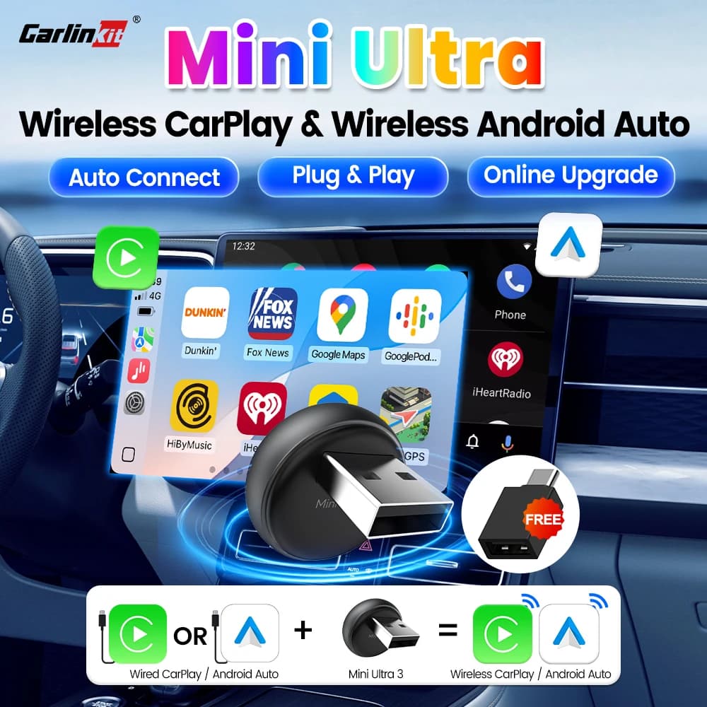 Adattatore Wireless CarlinKit 5.0 Mini Ultra 3 per CarPlay e Android Auto, WiFi 2.4G e 5.8GHz, BLE, Aggiornamento OTA, Plug and Play per Auto OEM