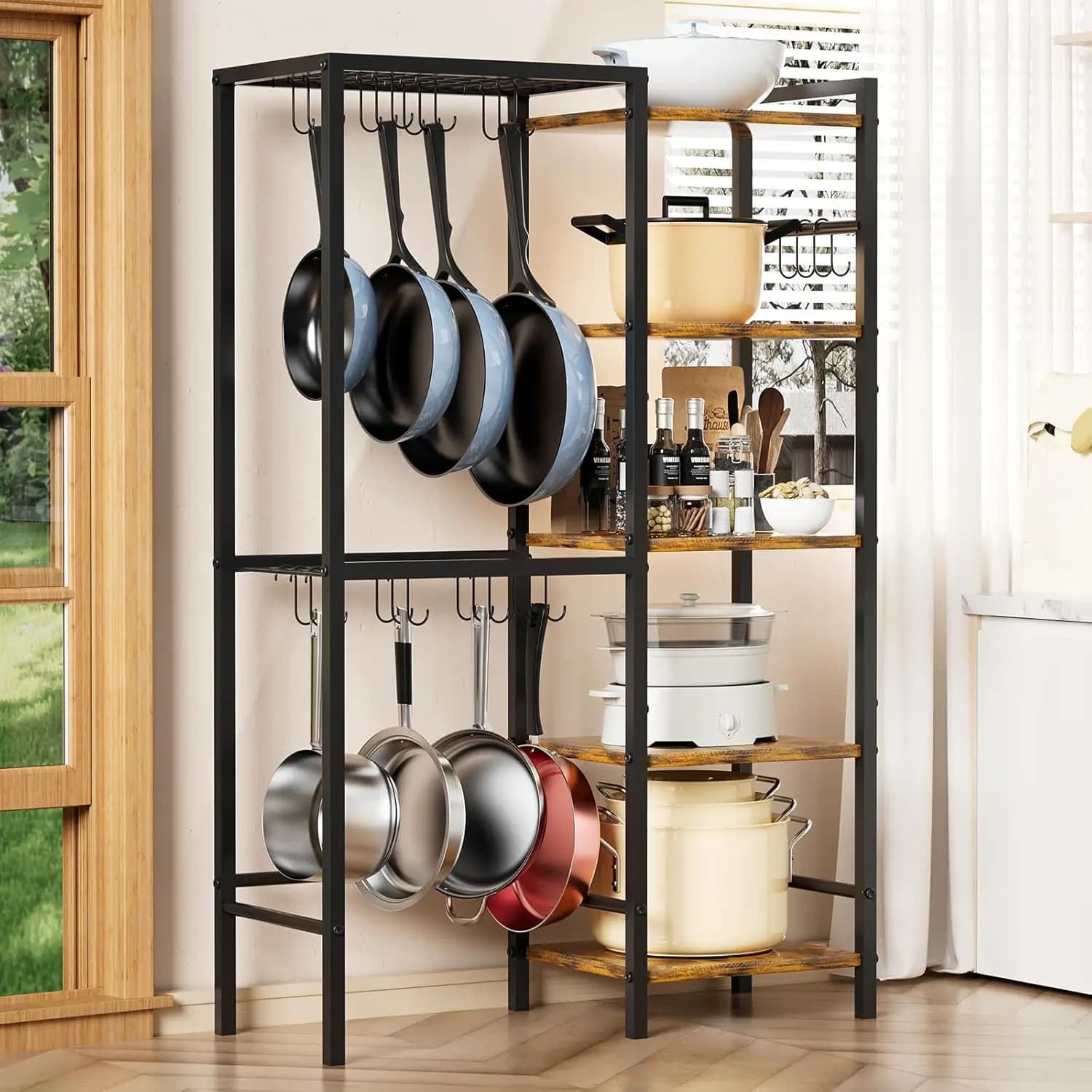 Organizzatore a 5 livelli per pentole e padelle con ganci, scaffale da cucina resistente per pentole, piatti e utensili