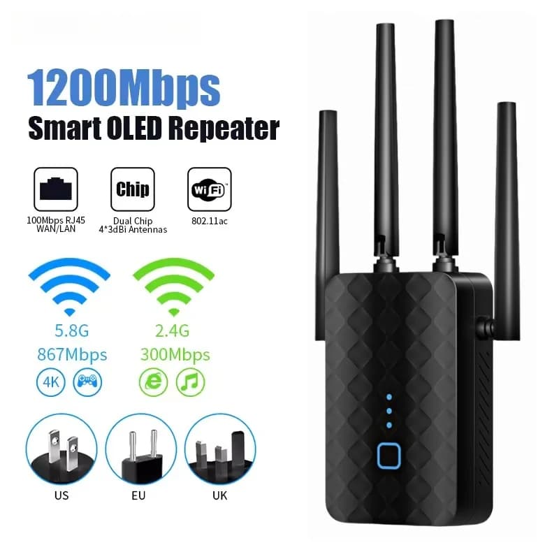 Ripetitore WiFi 1200Mbps 2.4G 5GHz Wireless Dual Band WiFi Extender 802.11ac Gigabit Amplificatore Router Amplificatore di segnale a lungo raggio