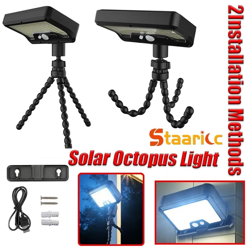 IP65 Waterproof 90/108LED Solar Motion Light Flexible Octopus Tripod 3 Modes Dual Charge Outdoor Garden Yard Tree Security Light