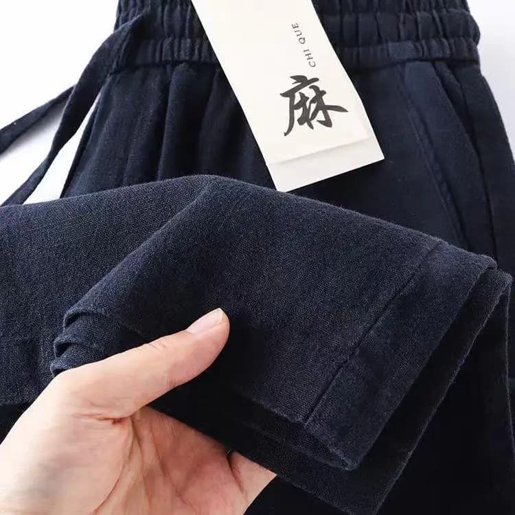 Pure Linen Breathable Elastic New Style Nine-Piece Pants Thin Cotton-Like Casual Trousers for Men Simple Color Block Design