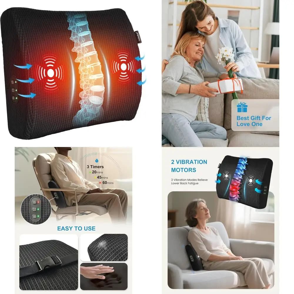 Cuscino Riscaldato per Supporto Lombare con Massaggio Vibrante, Sedia Ergonomica, Vibrazione Regolabile, 2 Impostazioni di Calore, Regalo