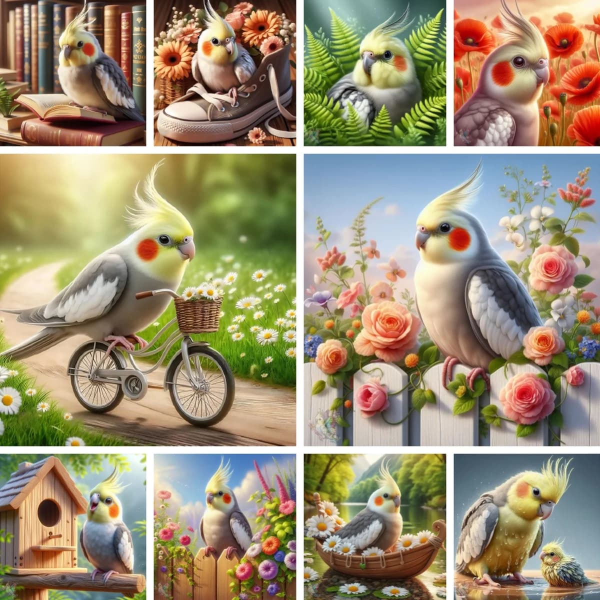 Artistic kit with round diamonds with complete drill for birds of cockatiel yellow, parrot, DIY model, diamond painting, image for pets, gift for animal lovers