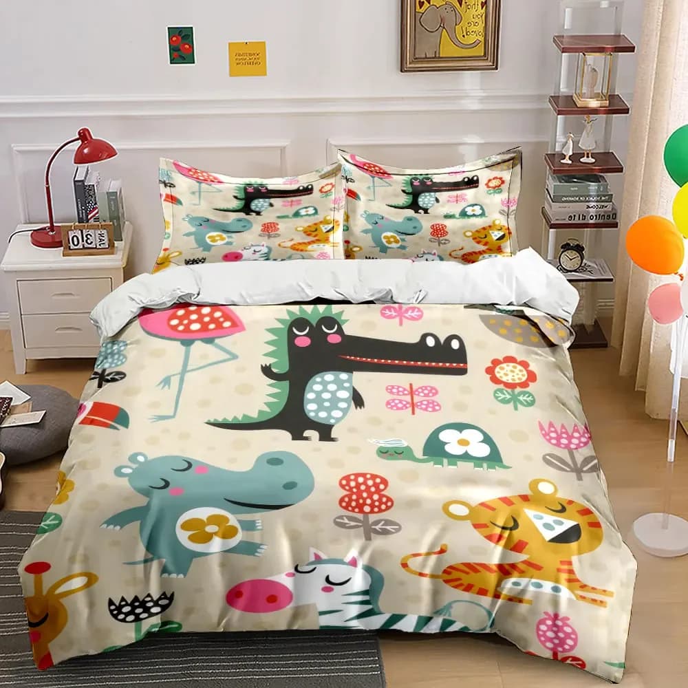 Set di biancheria da letto con copripiumino morbido e confortevole con decorazioni di animali dei cartoni animati, include 1 copripiumino e 2 federe, idea regalo