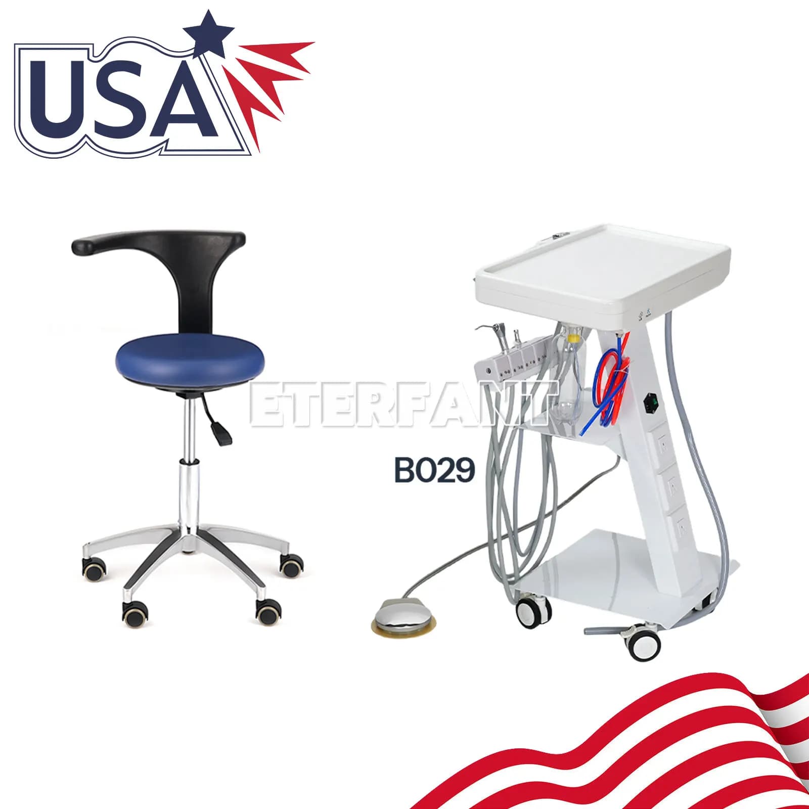 Mobile Stool for Dentist Assistant, Adjustable Height, PU Blue / Mobile Cart for Delivery Units with 4H Intake System and Electric Grip