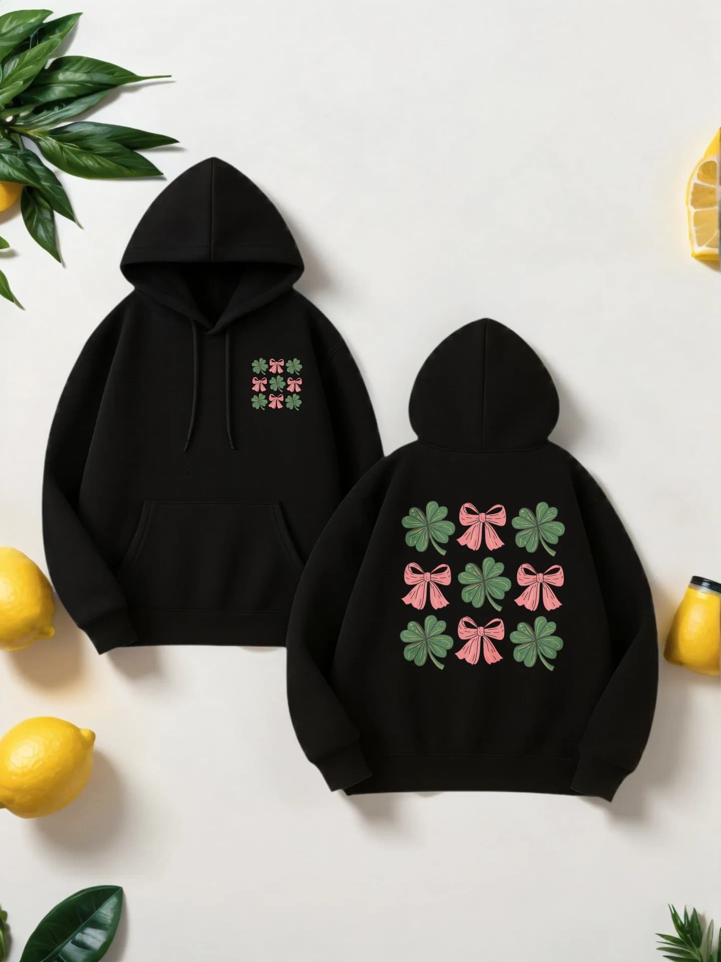 Felpa con cappuccio grafica da uomo, trifoglio e fiocco - Felpa con cappuccio pullover con stampa, stile casual, tessuto morbido, da indossare tutti i giorni