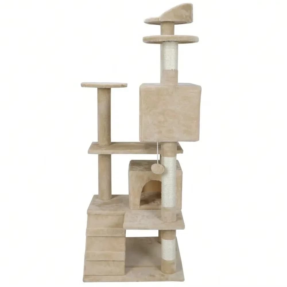 Cuccia per Gatti a Forma di Casa 53" - Albero per Gatti con Torre Gioco, Tiragraffi, Cuccia e Letto Beige