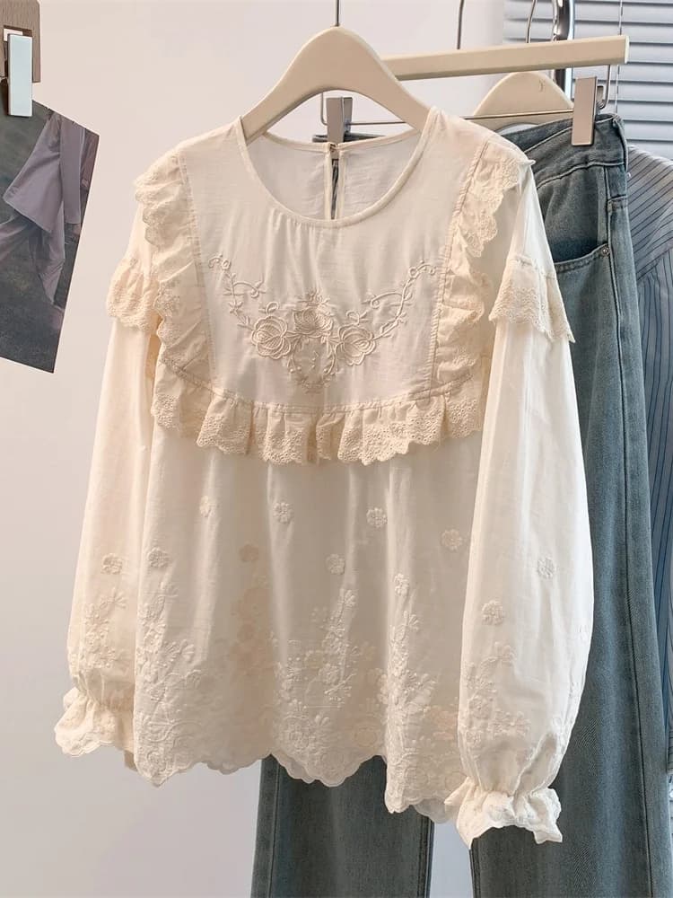 Loose Women's Shirt Floral Lace Trim Earlet Design Spring Summer New Style Retro Style Breathable Long Sleeve round Neck Top