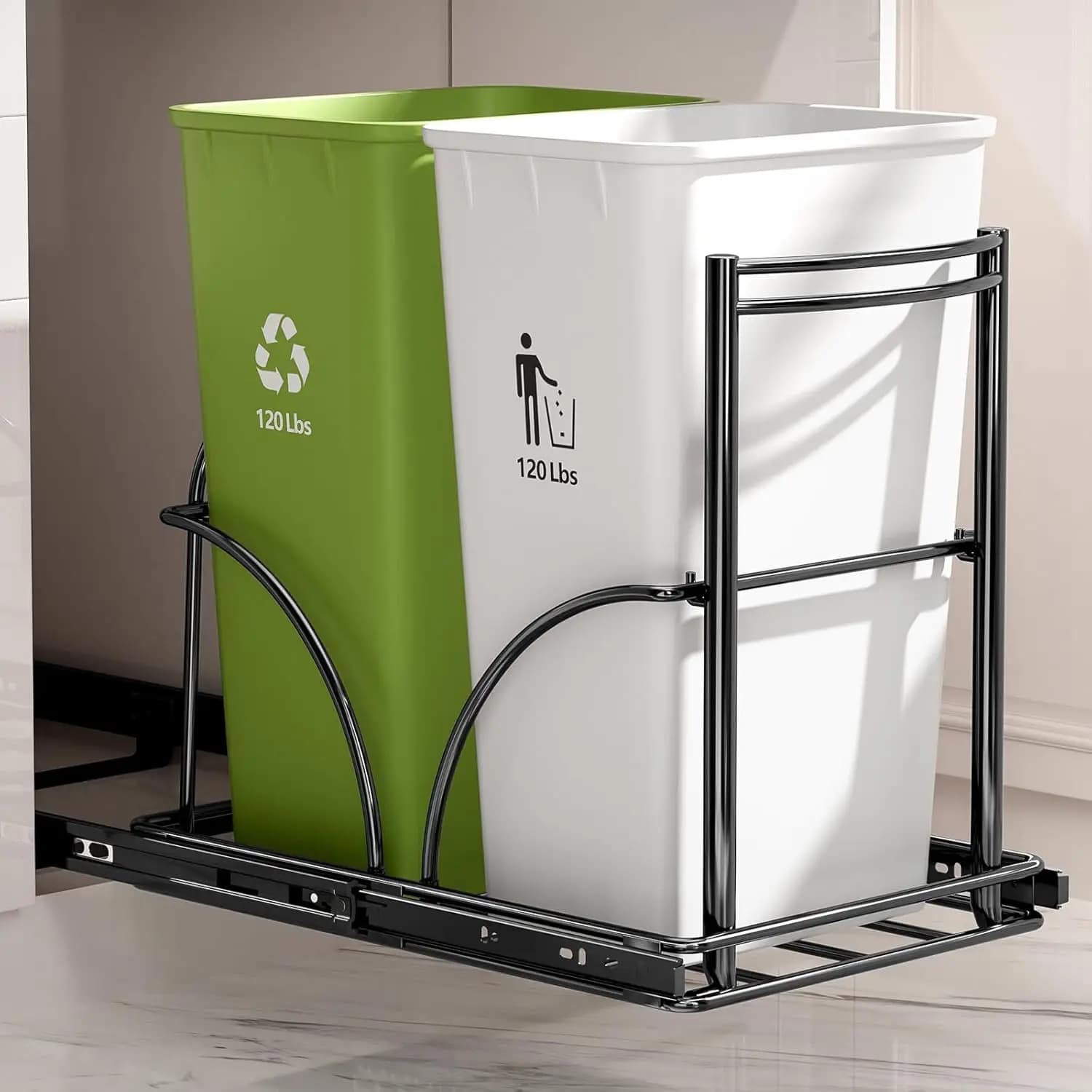 Dual Trash Can Pull Out Under Kitchen Sink Counter, NO CAN, Slider for Double 35Qt Bins(7-9 Gal), Recycling Bin & Garbage Can
