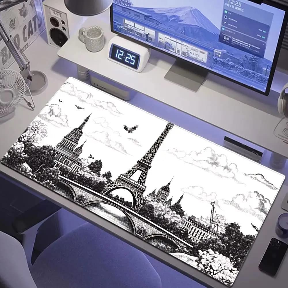 Tappetino da scrivania HYBXAXC Paris Eiffel Tower, tappetino per mouse con schizzo in bianco e nero, tappetino per tastiera antiscivolo per giochi in ufficio