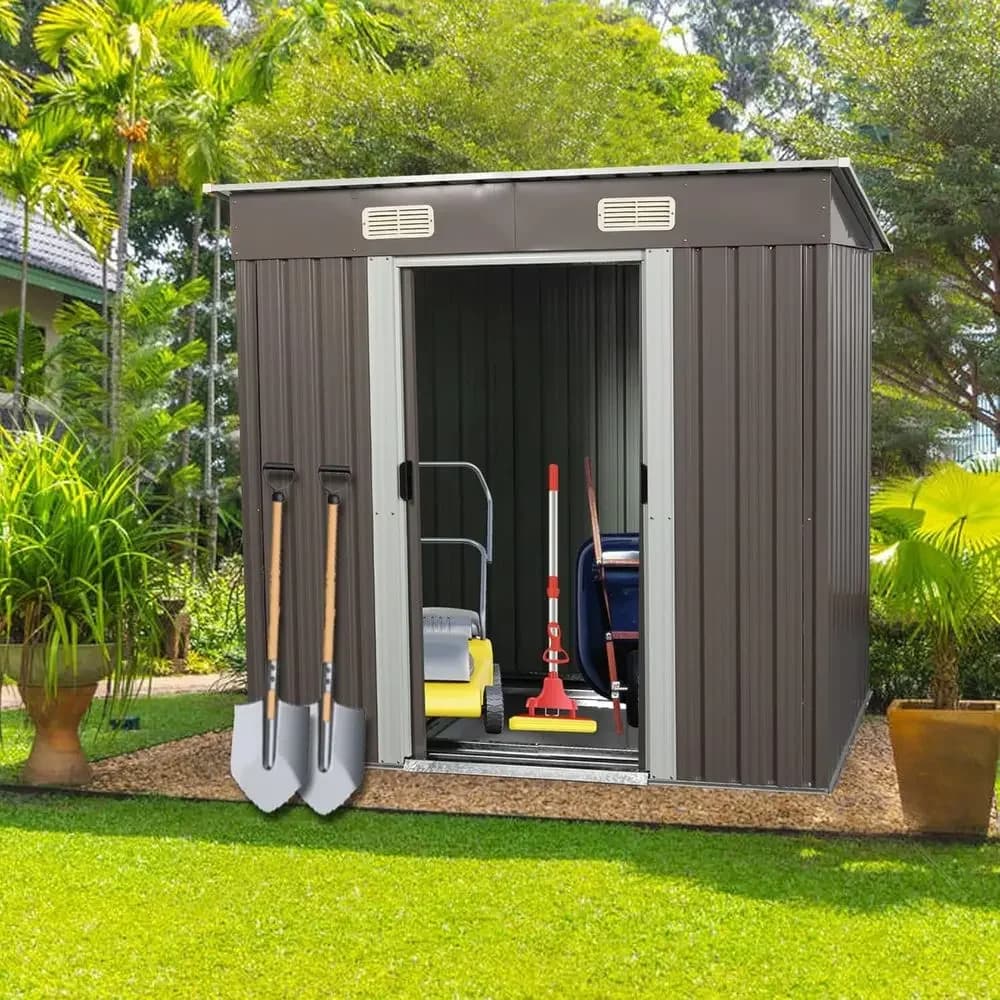 Casetta da Giardino Grigia 6.4x4t con Base in Metallo e Porta Scorrevole, Impermeabile per Patio, Prato e Cortile
