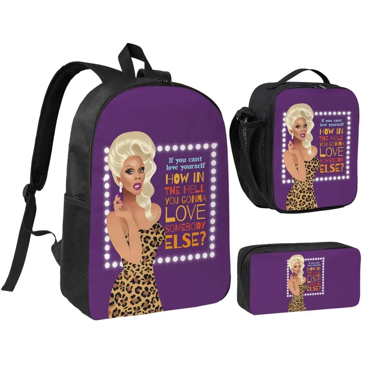 Set 3 Pezzi Drag Queen Royalty RuPaul's Drag Race RPDR: Zaino, Borsa a Tracolla e Borsa Termica per il Pranzo con Astuccio
