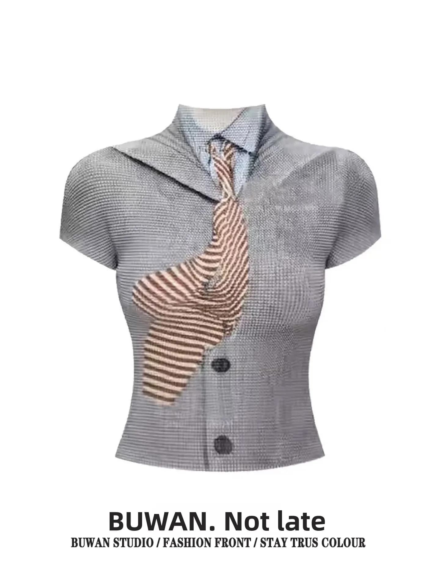 Slim Fit Floral Print Half High Collar Pleated Shirt Women's Summer Fashionable Versatile Short Sleeve T-Shirt College Style
