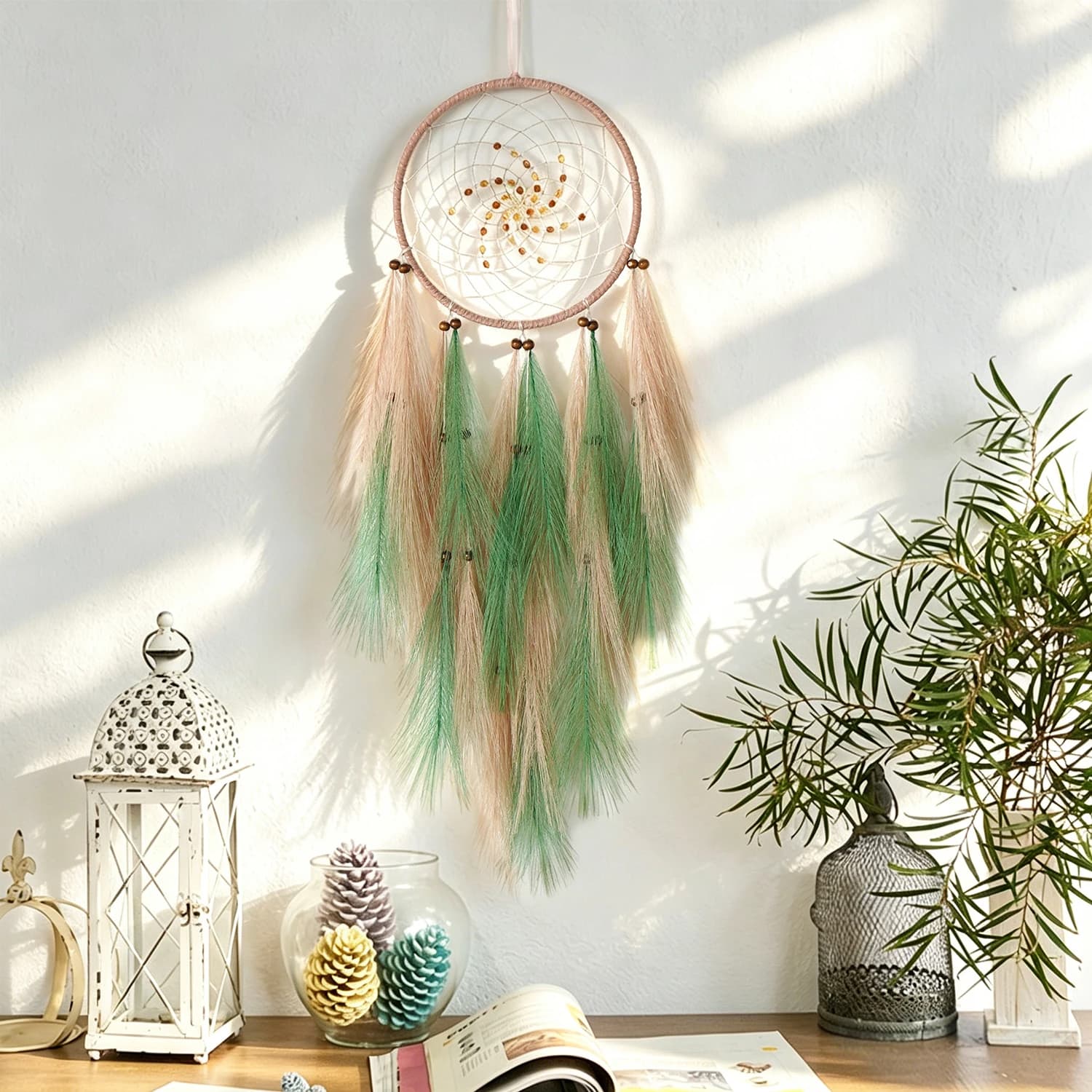 Handmade Gradient Green Pink Dream Catcher Faux Pampas Tassel Wall Decor Boho Aesthetic Room Window Ornament For Girls Gifts