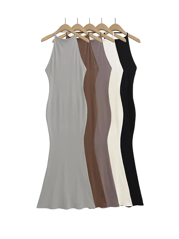 Abito lungo a tromba sottile elastico con scollo all'americana estivo Donna 5 colori Abiti maxi a sirena con scollo all'americana senza maniche