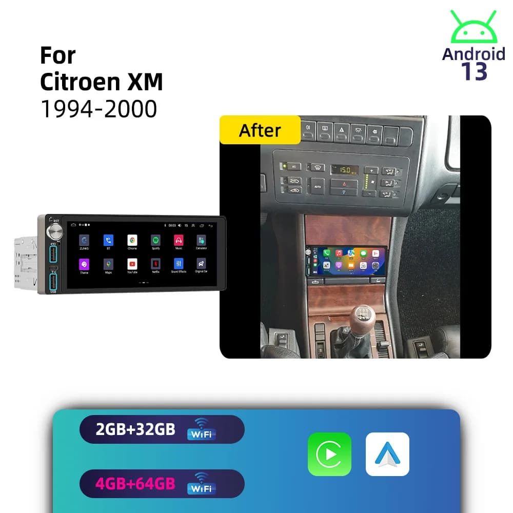 1 Din Car Stereo Android for Citroen XM 1994-2000 Wireless CarPlay GPS Navigation Multimedia Autoradio Radio Head Unit