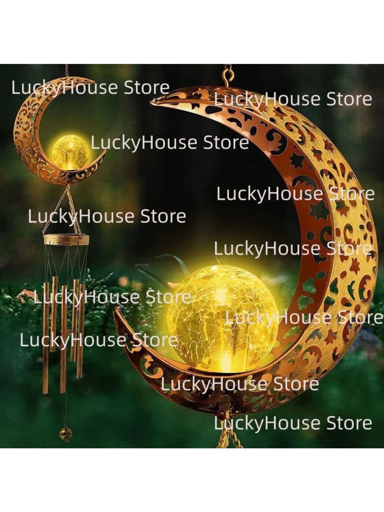 Moon Solar Wind Chime Hanging Lamp, Retro Iron Art Waterproof Garden Landscape Light for Yard Patio Decoration