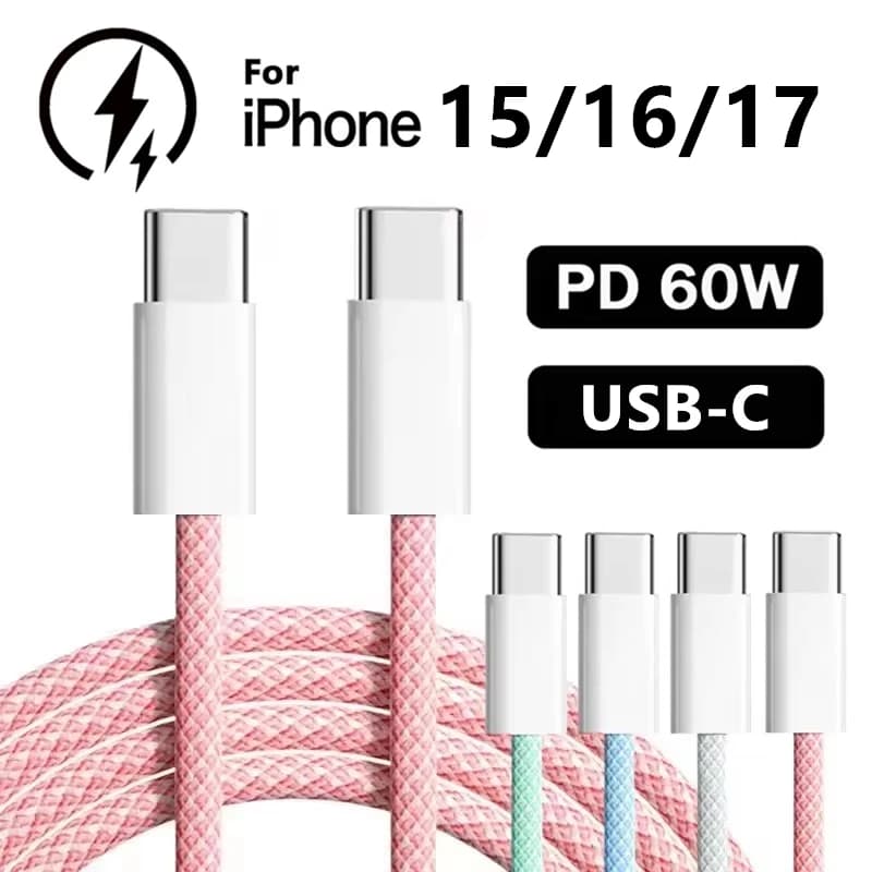 USB-C Quick Charging Cable to Type-C PD 60W for iPhone 17 16 15 Pro Max 16 15 Plus Samsung Huawei Honor Xiaomi Redmi POCO OnePlus