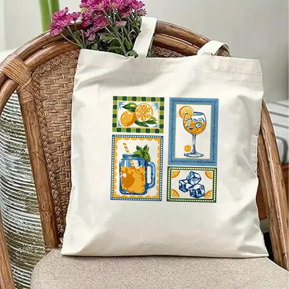 Vintage Mediterranean Lemon Canvas Tote Bag Summer Orange Cocktail Ice Cube Graphic Reusable Coastal Beach Shoulder Handbag