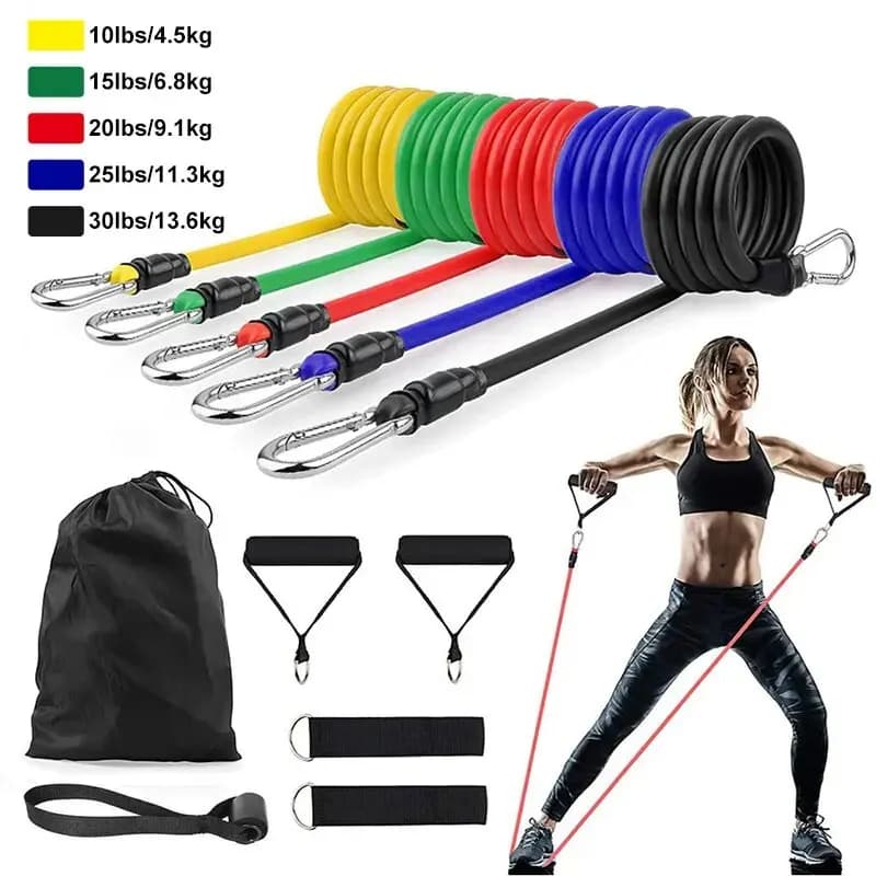 Set of 11 Pieces: Traction Cords, Resistance Bands, Portable Fitness Equipment, Caviglia Strap, Petto Expander, Elastic Exercize
