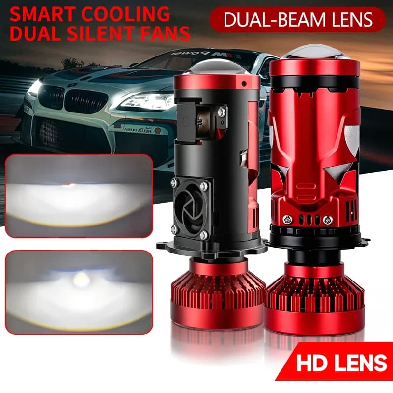 2PCS H4 LED Projector Lens Dual Lamp Cup Dual FanCooling High Low Beam Bulb Car Motorcycle Auto Headlamp Halogen Replacement 12V