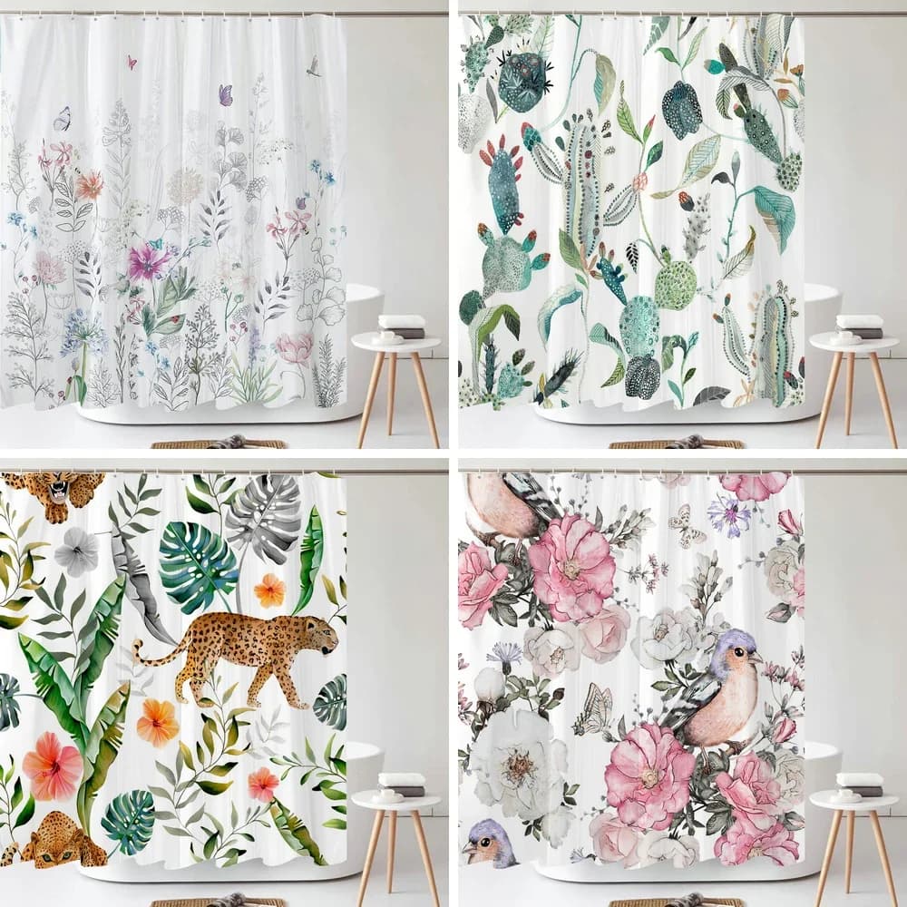 Tenda da doccia con foglie di fiori ad acquerello Morden Art Floral Tessuto impermeabile Tende da bagno Decorazione della stanza Tenda con ganci