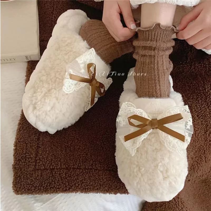 Fashionable, Sweet and Cute Butterfly Knot Plush Slippers for Women in Winter, Anti Slip and Warm Cotton Slippers for Home Use