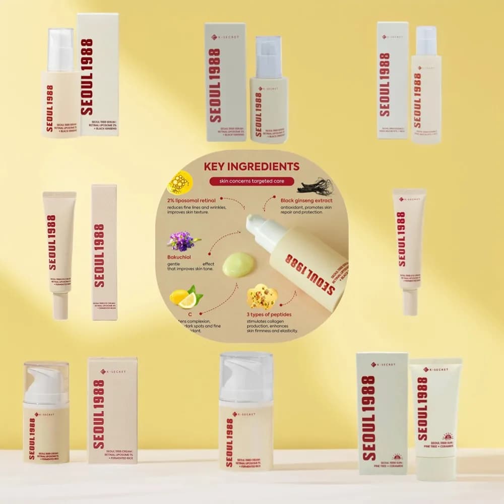Korean Seoul 1988 Set Retinol Eye Cream Face Serum 2% Black Ginseng Niacinamide Rice VC Brighten Skin Skincare Set