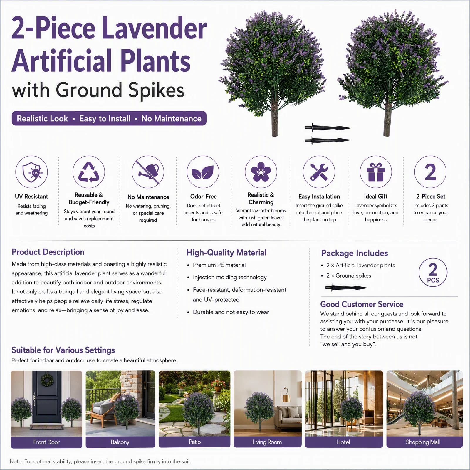 2Pcs Artificial Lavender Plants with Ground Spikes, Fake Lavender Flowers UV-Resistant for Indoor Outdoor Garden Balcony Front Door Decor, 40x72cm Purple Green