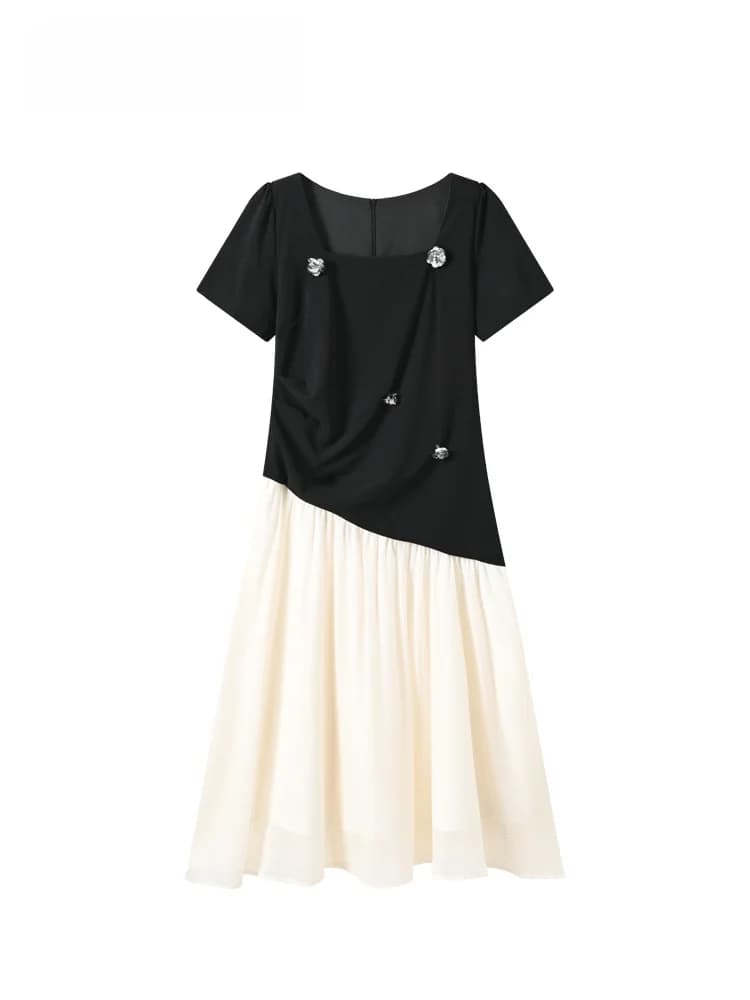 CaraCLUB plus Size Short Sleeve Dress Women's Summer New Style Fashionable Splicing Young-looking Skirt French Style High Wai...