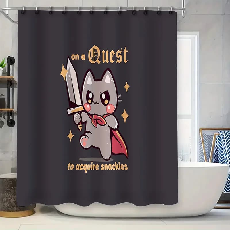 Fantasy Cat Shower Curtain Medieval Knight Animal Bathroom Decor Gaming Room Decor Gift for Him Her Unique Home Decor