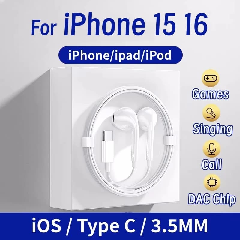 Cuffie originali per iPhone 16 15 14 13 12 11 Pro XS Plus Auricolari in-ear tipo C con cavo Bluetooth per Samsung Huawei Xiaomi