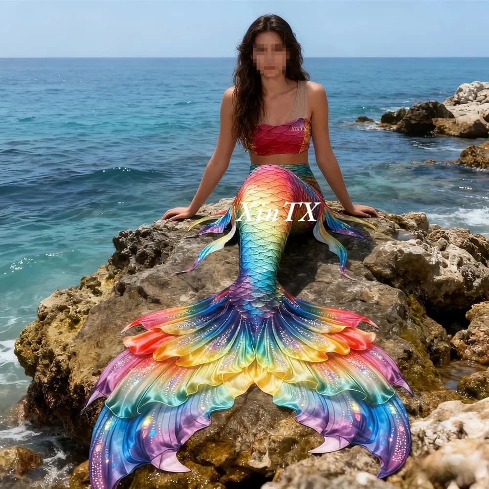 Women's swimsuit with rainbow-colored mermaid tail for aquarium diving, swimming and photography on the sea HD New