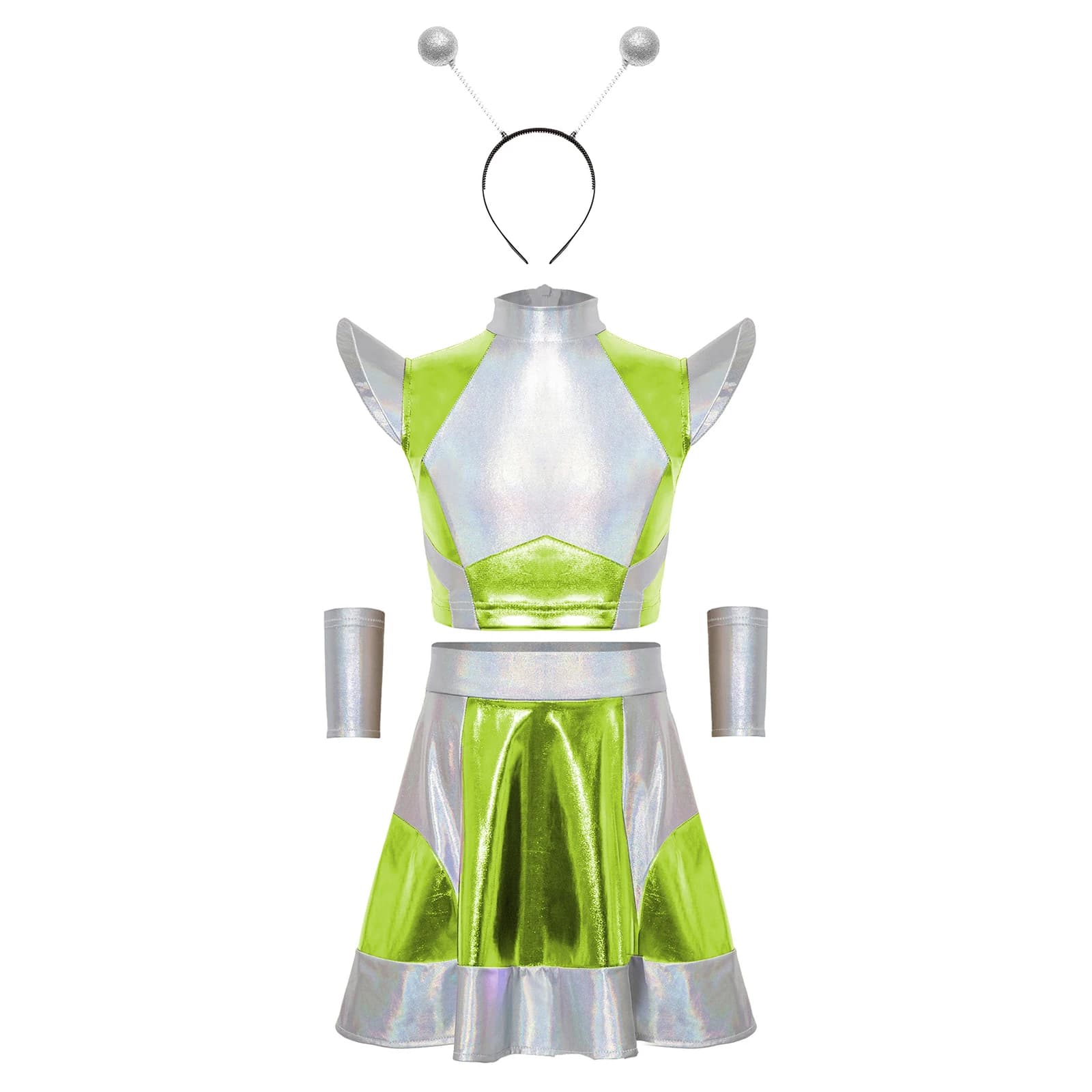 Costume da Astronauta Alieno per Bambine, Top Corto Metallizzato Lucido con Gonna, Maniche e Cerchietto per Capelli, Tema Spazio Esterno per Halloween