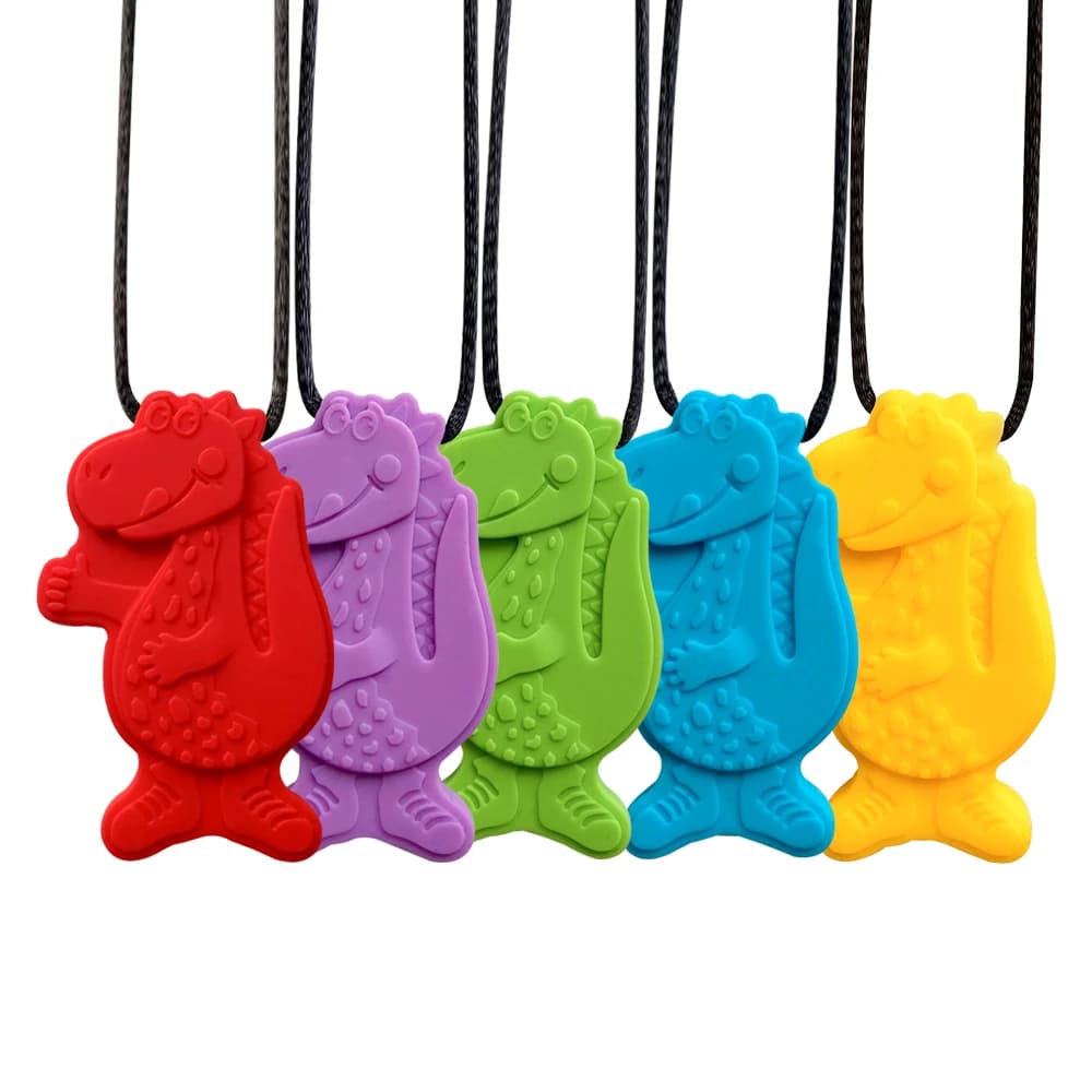 1/5 pz. Massaggiagengive in silicone a forma di dinosauro, giocattoli sensoriali masticabili per la dentizione del bambino, collana massaggiagengive in silicone alimentare, strumenti per l'allenamento orale