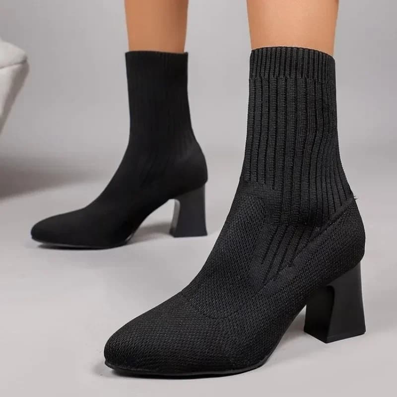 Fashion Ladies Knitted Sock Ankle Boots Pointed Toe Mid Block Heel Elastic Slip on Booties