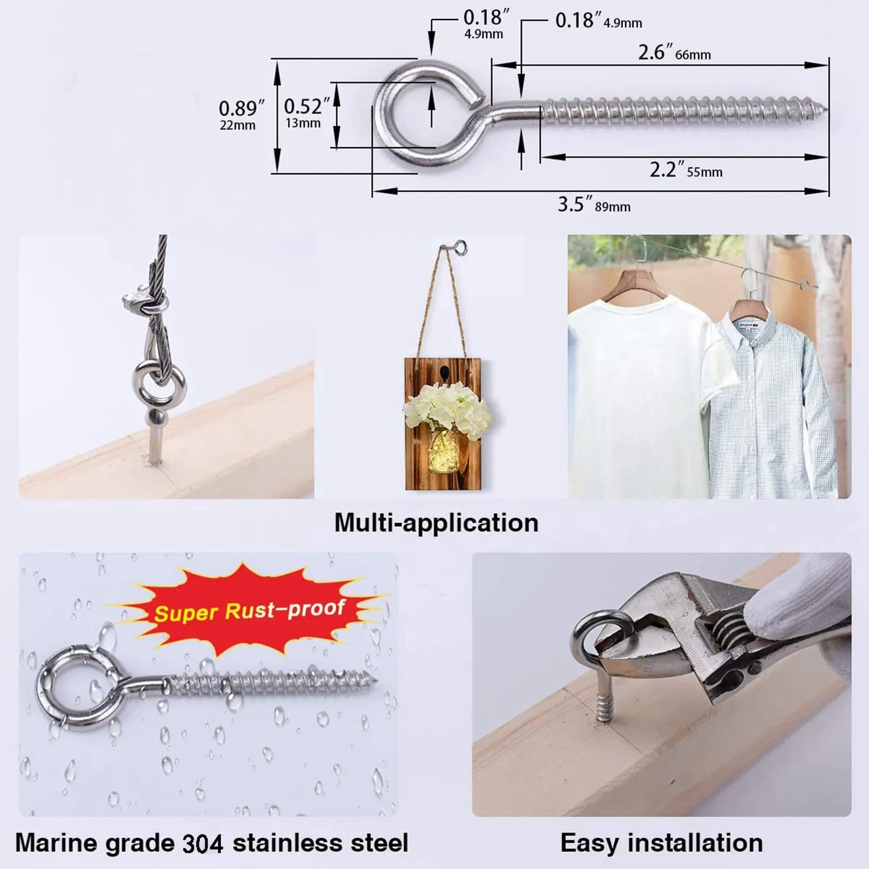 AT21-20 Pack Stainless Steel Eye Shape Screws Metal Hook Wood Terminal Ring Eyelet Hooks Self Tapping Screws M6