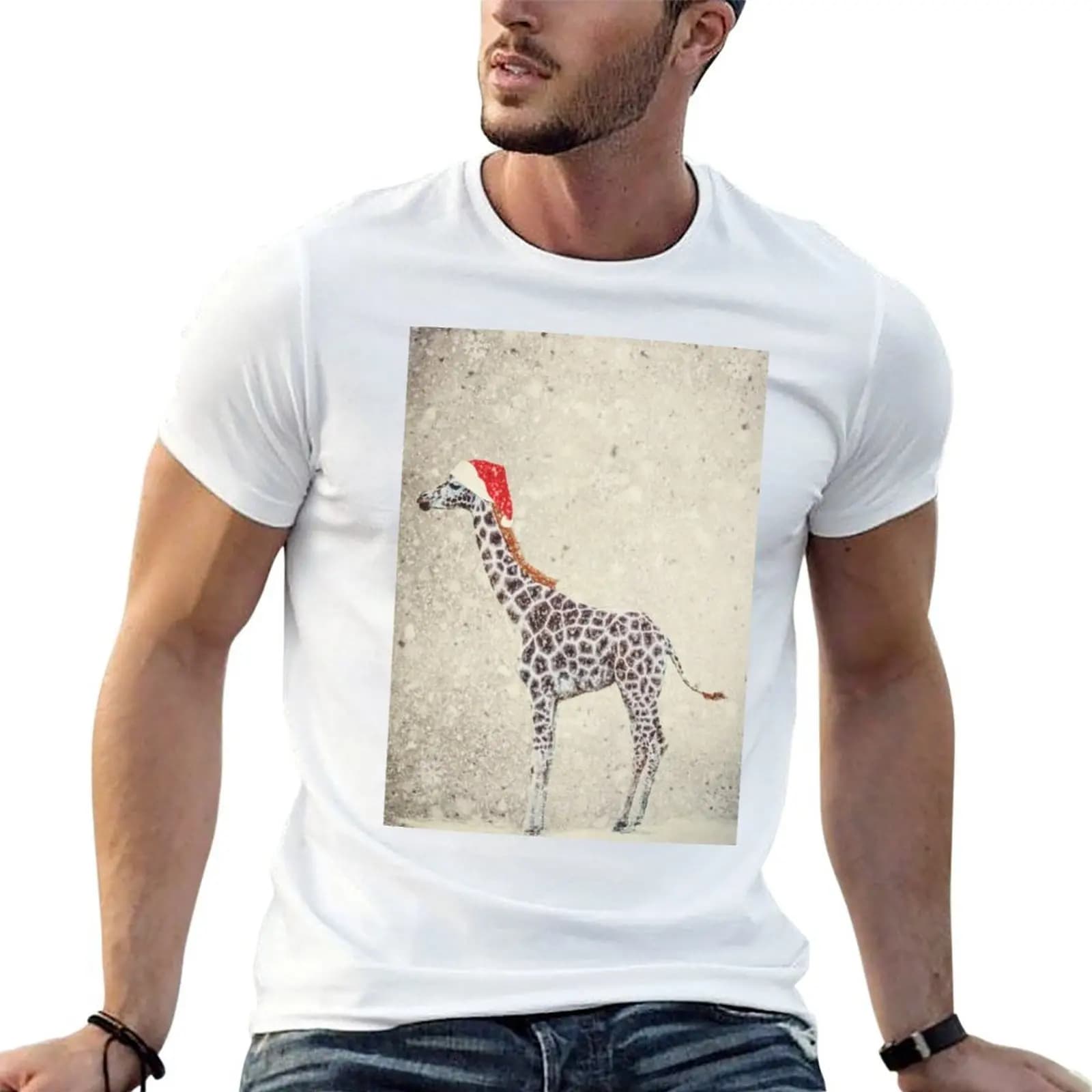 T-shirt natalizia con giraffa, t-shirt da uomo, t-shirt casual da uomo, t-shirt morbide in cotone da uomo, t-shirt slim fit