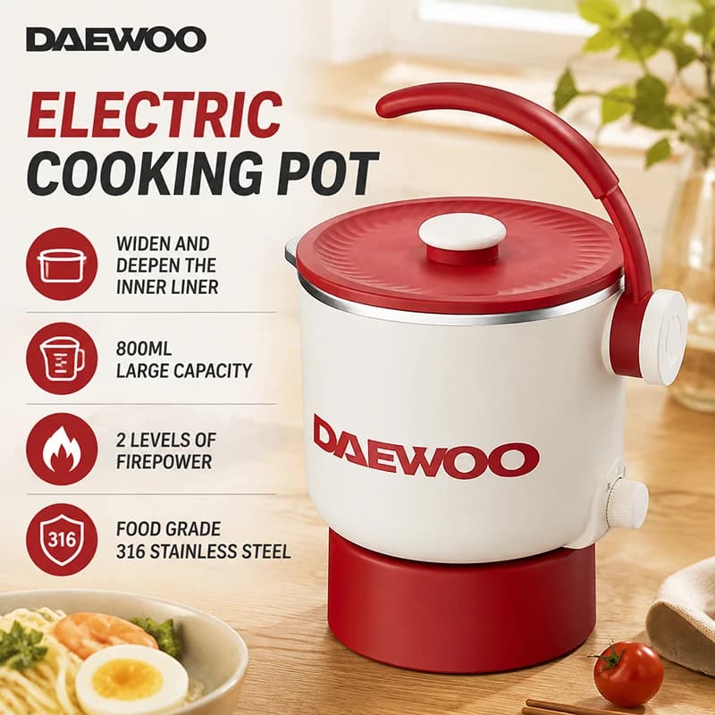 Daewoo S32 Foldable Electric Kettle 800ml 316 Stainless Steel Dual Power Travel Electric Cooking Pot Boil Water Cook Noodles
